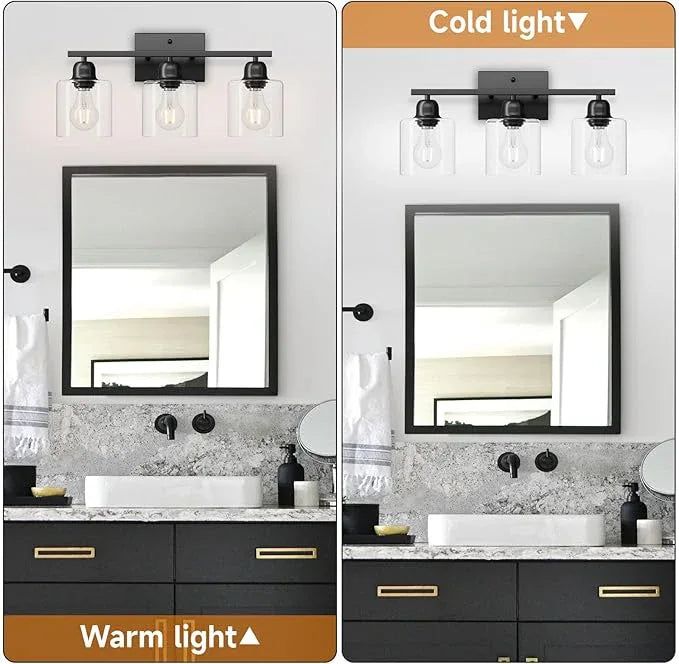 Modern 3 Light Bathroom Light Fixtures, 19 inch Black Vanity Lights For Bathroom With Clear Glass, Bathroom Lighting Fixtures Over Mirror For Mirror Kitchen Living Room Hallway Cabinet Porch - ModernBath