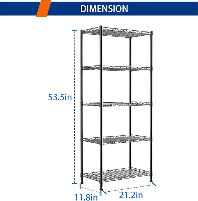 REGILLER 5-Wire Shelving Metal Storage Rack Adjustable Shelves,Standing Storage Shelf Units for Laundry Bathroom Kitchen Pantry Closet(Black,11.8" D x 21.2" W x 53.5" H) - ModernBath