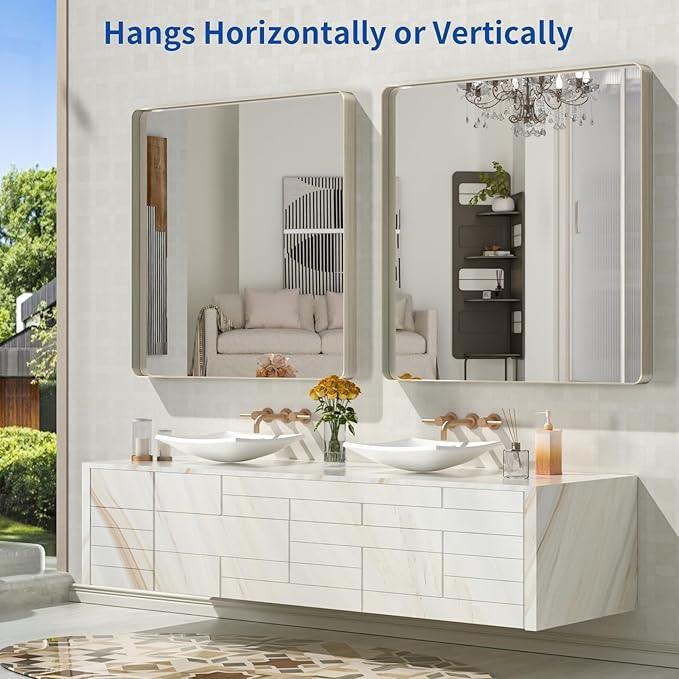 WEER 36X36 Inch Brushed Nickel Bathroom Mirror, Brushed Silver Metal Frame Mirror, Rounded Rectangle Silver Bathroom Vanity Mirror, Tempered Glass, Anti-Rust, Hangs Horizontally or Vertically - ModernBath