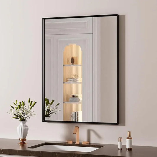 LOAAO Black Bathroom Mirror 20"X28" for Wall, Rectangle Bathroom Vanity Mirror, Hangs Vertically or Horizontally, Easy to Install, Modern Design - ModernBath