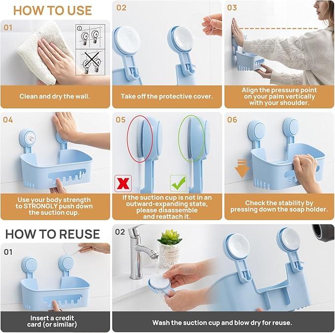 LEVERLOC Shower Caddy Suction Cup, Shower Organizer Removable Bathroom Shelf, Storage Suction Powerful Max Hold 22lbs Bathroom Caddy Waterproof Holder, Blue - ModernBath