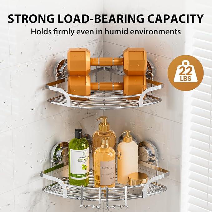 LEVERLOC 2 Pack Powerful Suction Cup Corner Shower Caddy, Stainless Steel Rustproof Shower Shelf with Hooks, Drill-Free Wall Mounted Bathroom Organizer, Large Capacity Removable Suction Basket, Silver - ModernBath