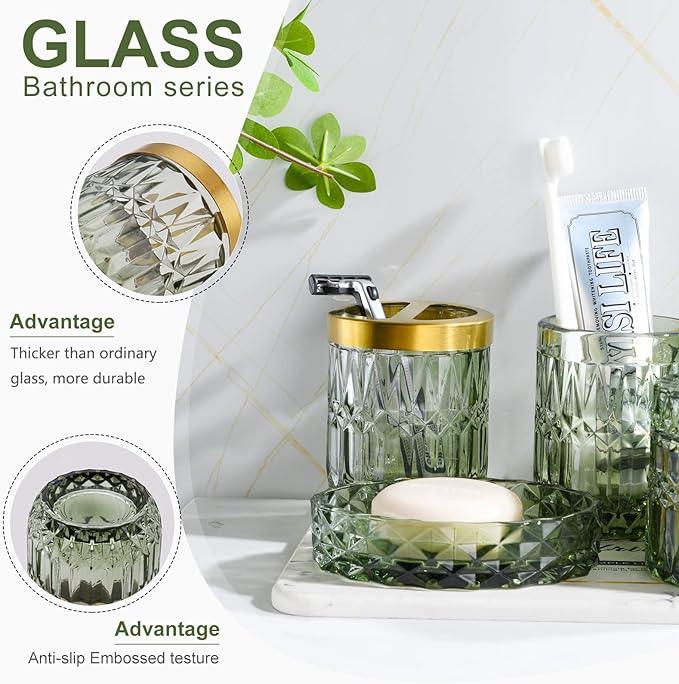 LaMarriti Green Bathroom Accessories Set, 5Pcs Clear Glass Bathroom Set Accessories, Soap Dispenser, Soap Dish, Toothbrush Holder Set, Tumbler, Qtips Holder for Vintage Crystal Bath Decor - ModernBath