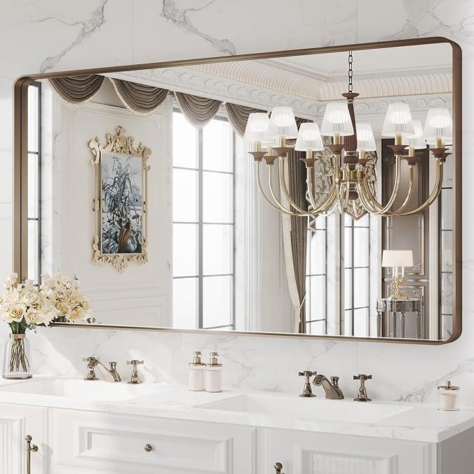 WEER 60x30 Inch Bronze Bathroom Mirror for Vanity, Brushed Bronze Metal Frame Rounded Rectangle Mirror with Tempered Glass, Anti-Rust (Horizontal/Vertical) - ModernBath