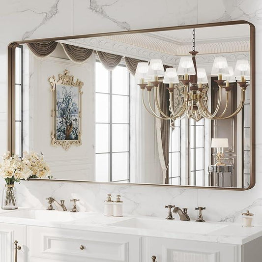 WEER 60x30 Inch Bronze Bathroom Mirror for Vanity, Brushed Bronze Metal Frame Rounded Rectangle Mirror with Tempered Glass, Anti-Rust (Horizontal/Vertical) - ModernBath