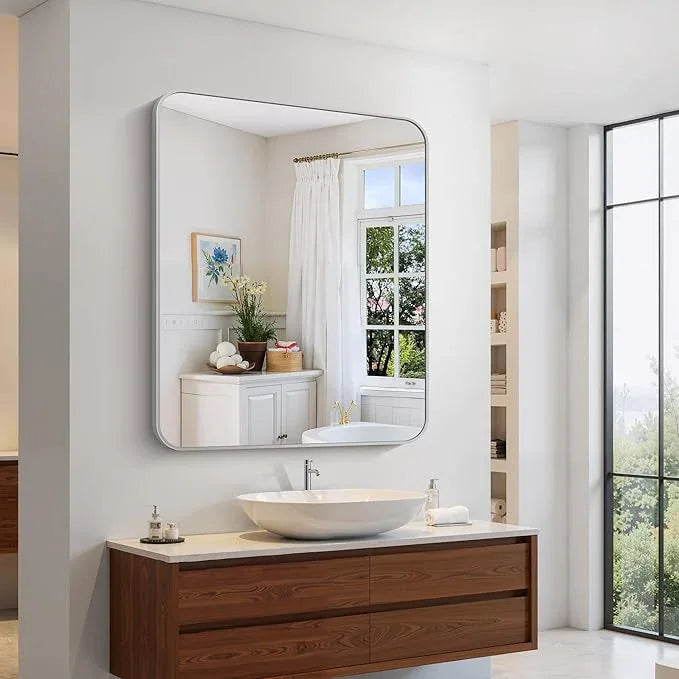 CIVENO 48x40 Inch Silver Bathroom Mirror, Large Rectangle Mirror, Metal Framed Rectangular Vanity Mirror, Rounded Corner Wall Mounted Mirror for Living Room Bedroom Entryway Horizontal or Vertical - ModernBath