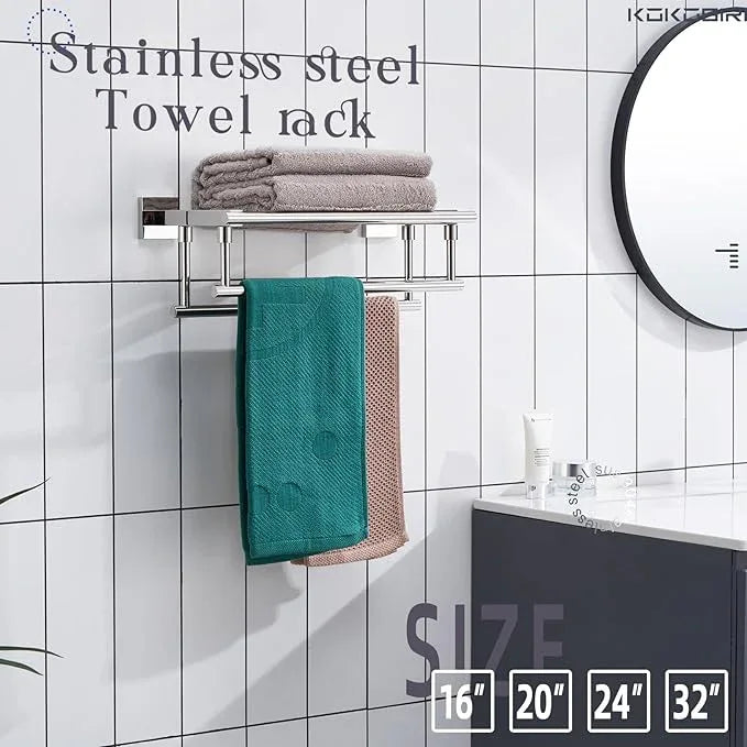 KOKOSIRI Bathroom Towel Rack Towel Holder 16 Inch Bath Towel Shelf with Double Towel Bars Wall Mounted, Polished Chrome Stainless Steel B6005CH-L16 - ModernBath
