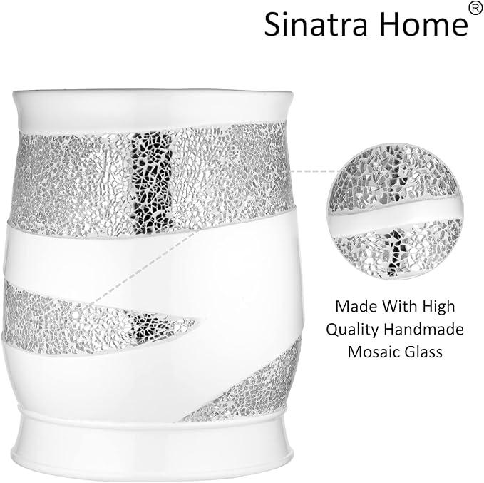 Zahari Home 2pc Sinatra White Modern Bath Accessories Set Waste Basket & Tissue Box Modern Decorative Beautiful Designs Bathroom Decor Set for Home Luxury Bath Set Mosaic Glass - ModernBath