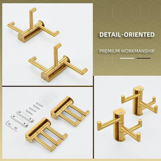 Angle Simple Towel Hooks Swivel, 304 Stainless Steel 3 Arms Foldable Hand Towel Holder, Coat Hooks, Brushed Dark Gold, 2 Pack - ModernBath