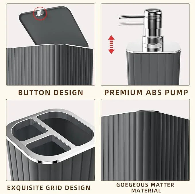 XLHOMO Bathroom Accessories Set - Gorgeous Grey Bathroom Set, 10PC Bathroom Accessory Set, Gray Bathroom Accessories Set, Trash Can, Qtip Holder Dispenser & Soap Dispenser - ModernBath