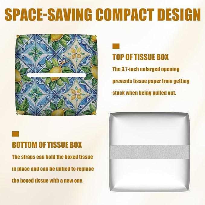 Watercolor Lemon Tissue Box Cover 2PCS, Blue Tile Leather Tissue Box Holder Square Facial Paper Case Tissue Box Cube Organizer for Bathroom Bedroom Desk Office - ModernBath