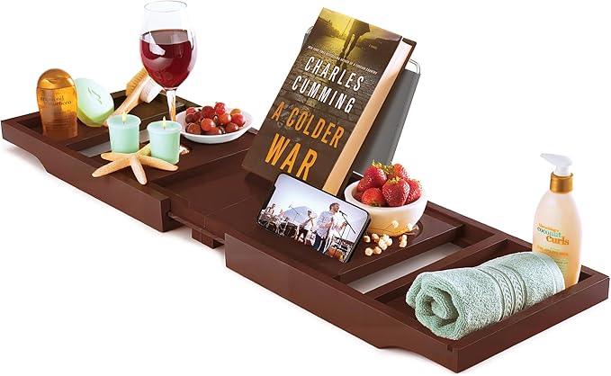 Wooden Bathtub Tray - Foldable & Expandable Bamboo Bath Tray for Tub with Wine Holder, Book & Tablet Stand - Bath Caddy Tray for Bathtub, Spa Bath Accessories, Tub Tray Table, (Brown) - ModernBath