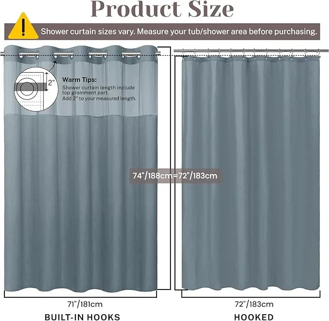 SORTTO No Hook Slub Textured Shower Curtain with Snap in Liner - Stone Blue Fabric Outer Curtain & Waterproof Inner Liner, Hotel Style with See Through Top Window, 71x74 in - ModernBath