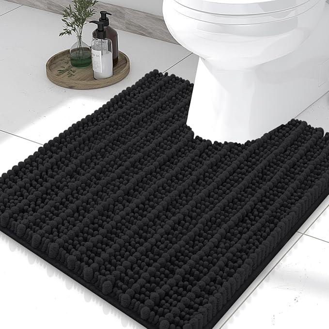 Smiry Bathroom Toilet Rugs U Shaped 24x20, Extra Soft Absorbent Non Slip Rubber Backing Chenille Contour Bath Rugs for Toilet, Machine Washable Contoured Bath Mats, Black - ModernBath