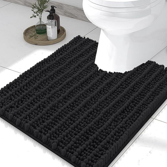 Smiry Bathroom Toilet Rugs U Shaped 24x20, Extra Soft Absorbent Non Slip Rubber Backing Chenille Contour Bath Rugs for Toilet, Machine Washable Contoured Bath Mats, Black - ModernBath
