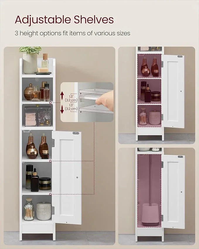VASAGLE Small Storage Corner Floor Cabinet with Door, 7.9 x 7.1 x 36.2 Inches, Narrow Toilet Paper Storage Holder, Adjustable Shelves, for Bathroom, Living Room, Small Spaces, Cloud White UBBC311W01 - ModernBath