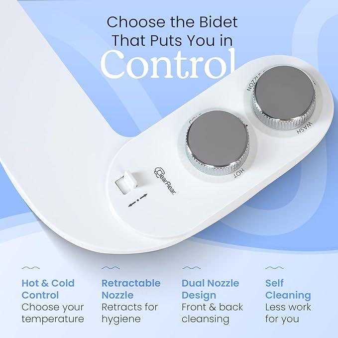 CLEAR REAR Bidet Attachment for Toilet Seat - Non-Electric, Self-Cleaning Dual Nozzle, Adjustable Water Pressure, Rear & Feminine Wash Hygienic Upgrades - Fits Elongated Toilets (Cold & Warm Water) - ModernBath