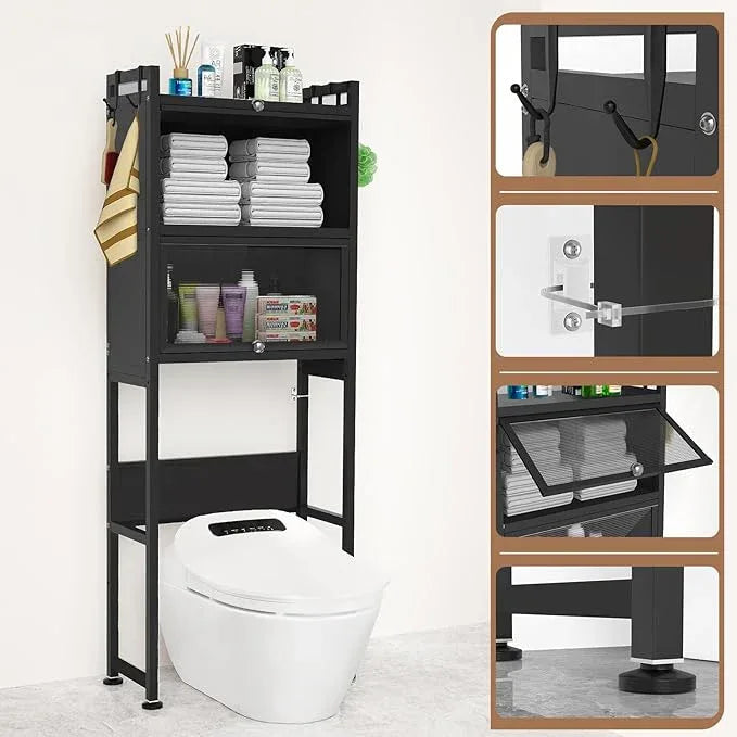 ZZL Over The Toilet Storage Cabinet,3-Tier,Bathroom Toilet Organizer,Waterproof, Cabinet Door Design,Freestanding Space Saver with 4 Hooks for Bathroom,Black - ModernBath