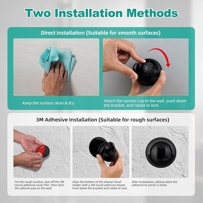 Hibbent 2 Pack Vacuum Suction Cup Shower Head Holder, Removable Shower Head Bracket, Height Adjustable Wall Mount ABS Plastic Suction Holder for Handheld Showerhead, Matte Black - ModernBath