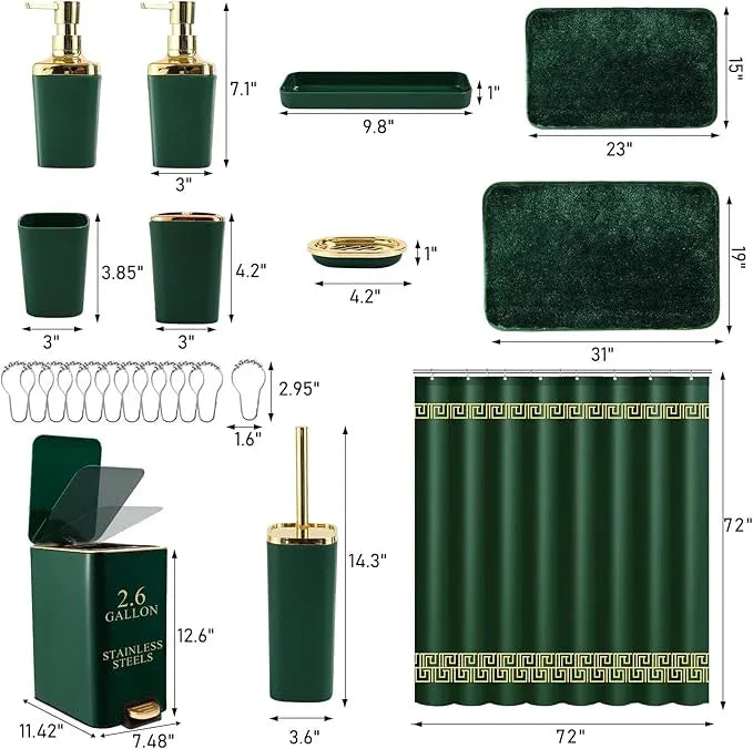XLHOMO Bathroom Sets with Shower Curtain and Rugs Bathroom Accessories Set Hunter Green Bathroom Set,Soap Dispenser & Toilet Brush Holder Set with Stainless Steel Trash Can - ModernBath