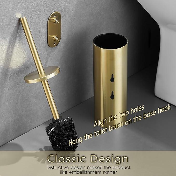 Gold Brushed Stainless Steel Toilet Brush and Cover, No-Punch Hook Base Dual Purpose Toilet Brush Holder with Removable Inner Bucket and Splash Cover - Soft Bristles (Brushed Gold) - ModernBath
