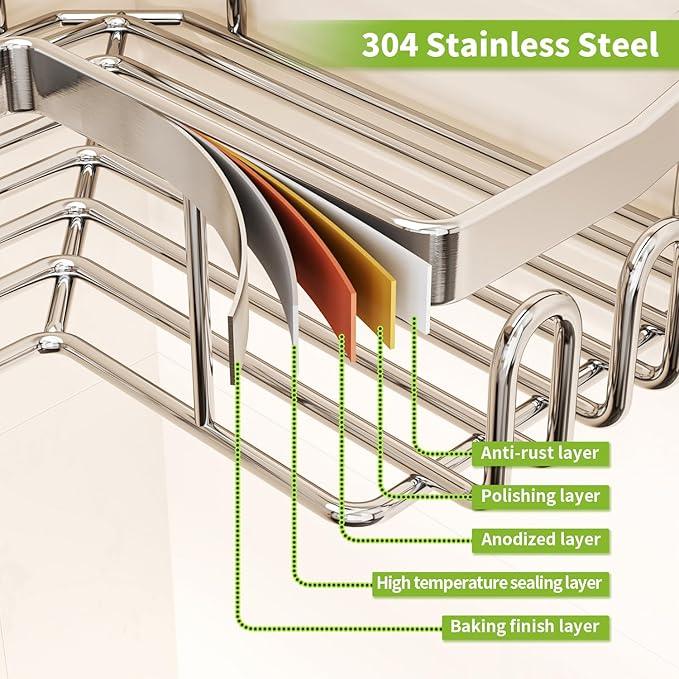 SWTYMIKI Shower Caddy Corner with Soap Holder, 2-Tier Stainless Steel Corner Shower Organizer with 11 Hooks, No Drilling & 6 Strong Adhesives Bathroom Shelf Organizer, Silver - 2 Tier - ModernBath