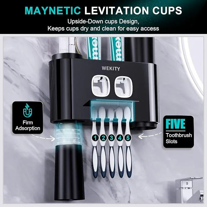 Toothbrush Holder,Multi-Functional Wall Mounted Toothbrush Holder,Toothpaste Dispenser for Bathroom with 2 Toothpaste Squeezers,5 Toothbrush Slots and 4 Cups(Black) - ModernBath