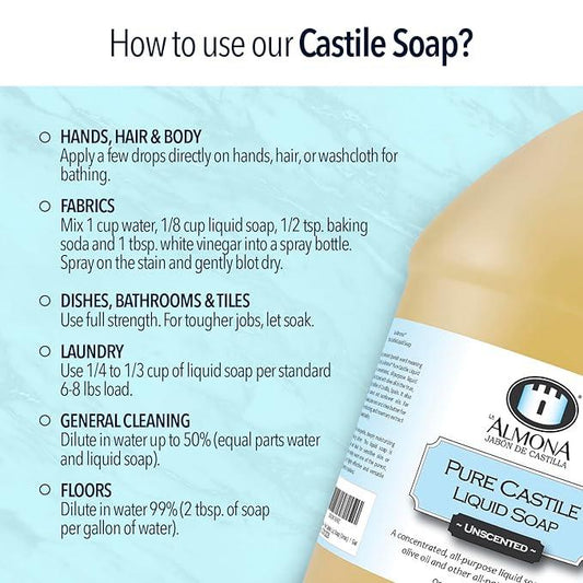 La Almona - Pure Castile Liquid Soap, LAVENDER, 1 Gallon - Multipurpose: Hands, Face, Body, Laundry, Dishes & More - For Sensitive Skin, All-Natural Ingredients, Scented with Essential Oils - ModernBath