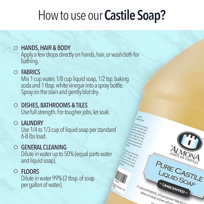 La Almona - Pure Castile Liquid Soap, UNSCENTED, 1 Gallon - Multipurpose: Hands, Face, Body, Laundry, Dishes & More - For Sensitive Skin, All-Natural Ingredients, Fragrance Free - ModernBath