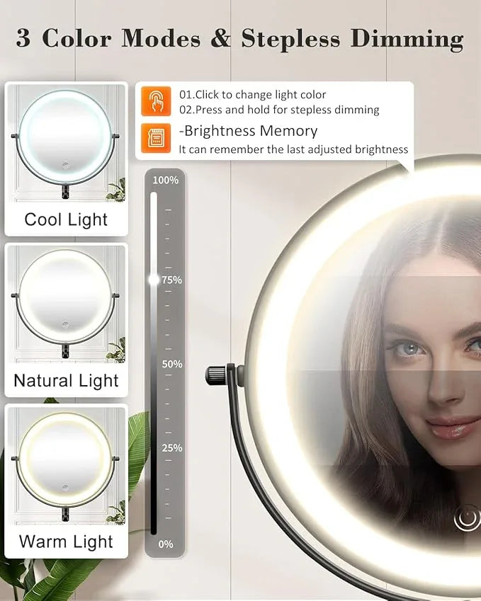 vpu 9" Wall Mounted Makeup Mirror with Light, 20X/1X Height Adjustable Double Sided Magnifying Bathroom Lighted Mirror, 3 Color Touch Dimmable Extended Arm 360 Rotation Light up Magnification Mirrors - ModernBath