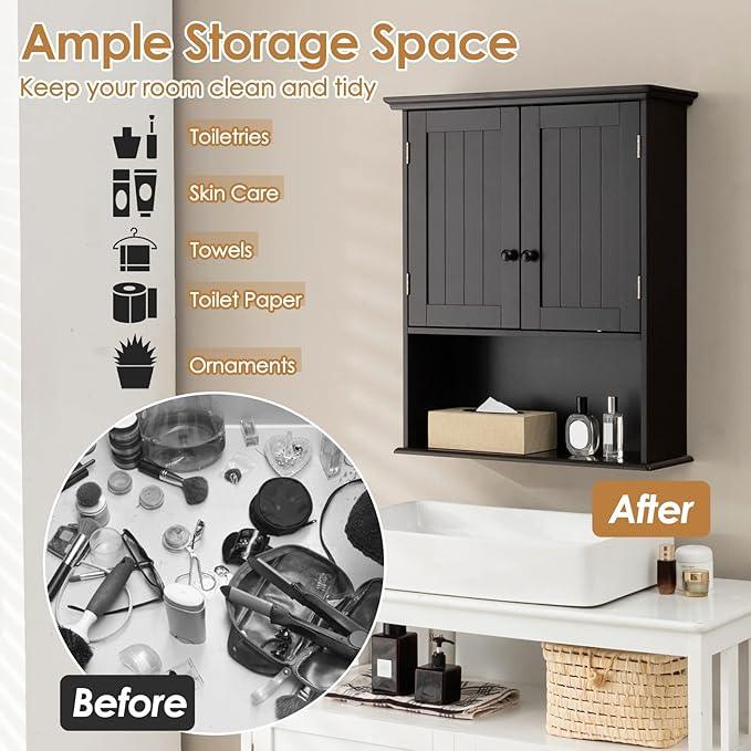 Tangkula Wall Mount Bathroom Cabinet Wooden Medicine Cabinet Storage Organizer with 2-Doors and 1-Shelf Cottage Collection Wall Cabinet (Espresso) - ModernBath