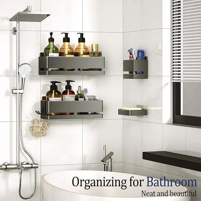Bathroom Storage Rack (5-Piece Set), Wall-Mounted Shelf with soap Dish and Toothbrush Holder, no Drilling Required, Ideal for Bathroom Storage and Also Suitable for Kitchen (Grey) - ModernBath