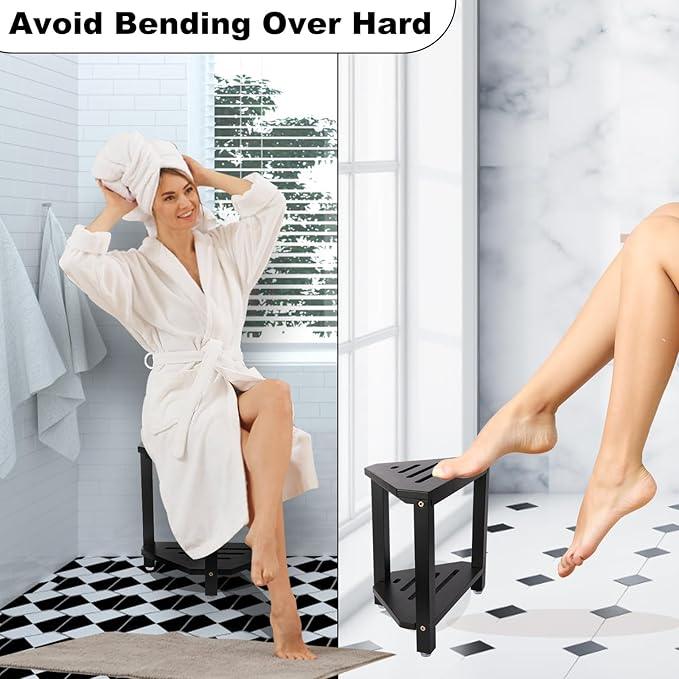 IBosins Corner Shower Stool with Storage Shelf Shower Foot Rest for Shaving Legs Small Bench for Inside Shower to Sit on Bath Seat - Acacia Wood, Black - ModernBath
