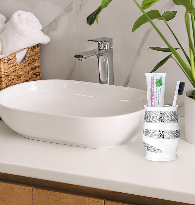 Zahari Home 4pc Sinatra Stylish Bathroom Accessories Set White Soap Dispenser, Tumbler, Tooth Brush Holder and Soap Dish Modern Classic Luxury Decor Bling Mosaic Glass White Bathroom Accessories - ModernBath