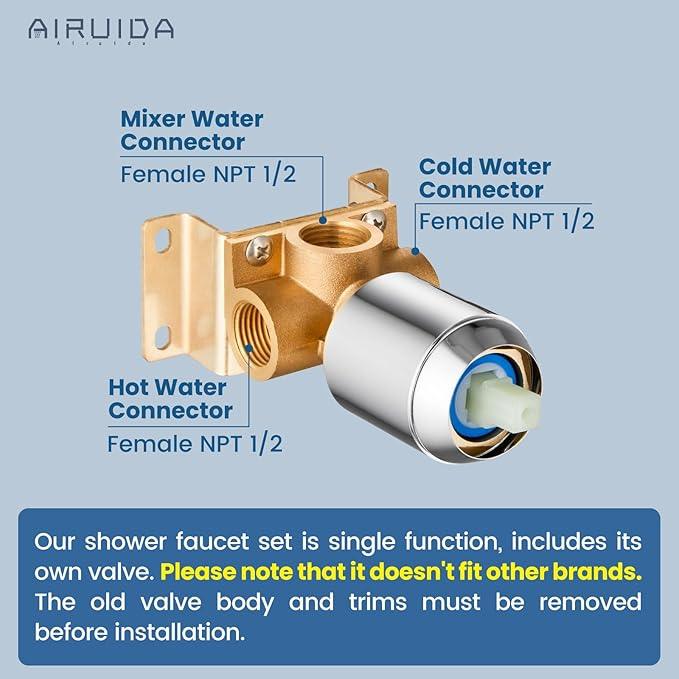 Airuida Shower Faucet Set Bathroom Rain Shower System 8 Inch Square Showerhead Single Function 1 Handle Trim Kit with Female Thread Rough-in Valve Cover Plate with H and C Labels Chrome Polish - ModernBath