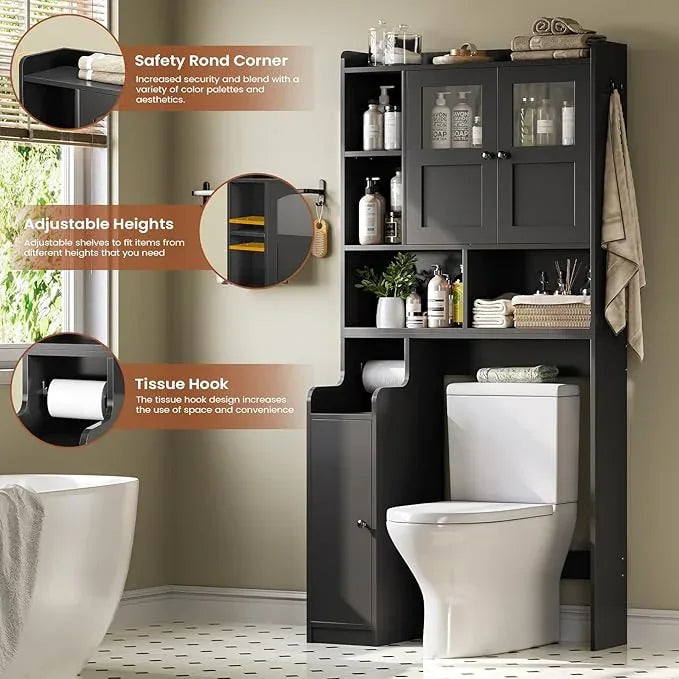 Itaar Over The Toilet Storage Cabinet, Over Toilet Bathroom Organizer with Glass Doors & Toilet Paper Holder Stand, Home Space-Saving Toilet Rack, for Bathroom, Restroom, Laundry(Black) - ModernBath