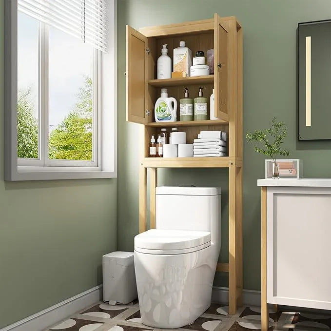 knoworld Rattan Over The Toilet Storage Cabinet, Above Toilet Bathroom Organizer with Adjustable Shelf, Behind Toilet Cabinet, Space Saver for Restroom, Bathroom, Laundry, Wood Rack, Natural - ModernBath