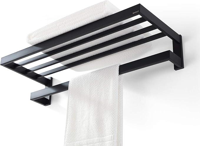 Towel Racks for Bathroom, Square Modern Hotel Style Towel Shelf with Towel Bar, Bath Towel Holder Wall Mounted, 24Inch, Matte Black, No Assembly, 073100-MB Ler Series - ModernBath