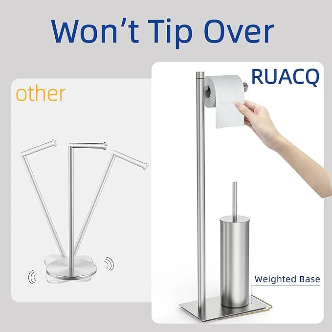 RUACQ Toilet Paper Holder Stand with Toilet Brush and Holder Set, 304 Stainless Steel Bathroom Toilet Tissue Paper Roll Holder Free Standing, Weighted Base, Heavy Duty (Brushed Nickel) - ModernBath