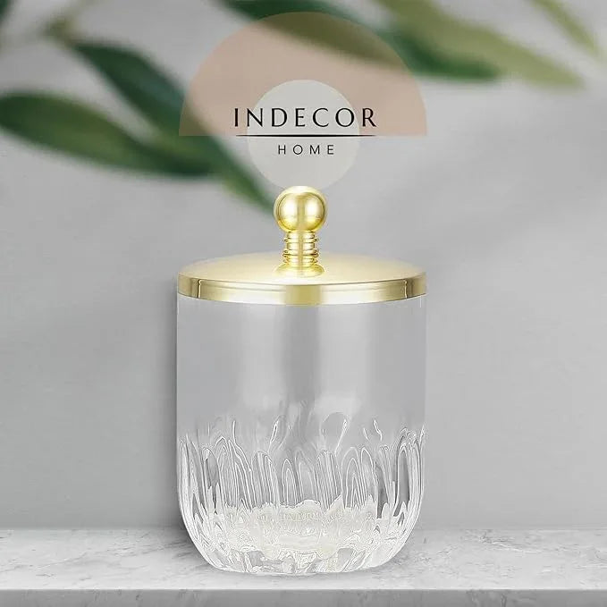 Indecor Home Clear Transparent Apothecary Vertical Wavy Glass Jar With Gold Metal Lid Cover for Bathroom Organization, Cotton Balls, Q Tips, and Small Accessories, Bathroom Storage - ModernBath