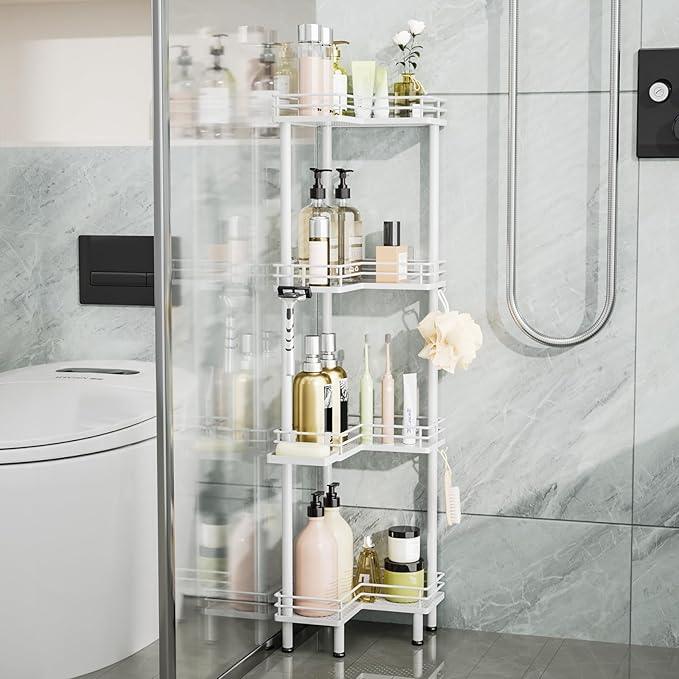 Consumest Corner Shower Caddy Standing - 4-Tier Stainless Steel Shower Organizer with Soap Holder and 4 Hooks, Large Capacity Corner Shelf Stand for Bathroom, Rest Room, White - ModernBath
