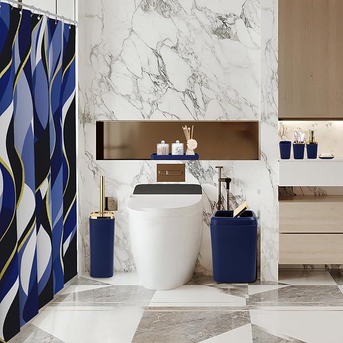 XLHOMO Blue Bathroom Set, Bathroom Sets with Stripe Shower Curtain, Navy Blue and Gold Bathroom Accessories with Trash Can, Soap Dispenser, Soap Dish, Toilet Brush Holder, Qtip Holders for Bathroom - ModernBath