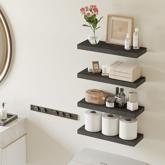 Fixwal 15.8in Floating Shelves, Rustic Wood Finish Wall Shelves Set of 4, Shelves for Wall Decor, with Invisible Brackets for Bathroom, Living Room,Bedroom and Kitchen(Gray) - ModernBath