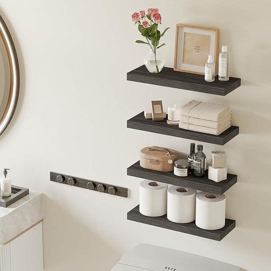 Fixwal 15.8in Floating Shelves, Rustic Wood Finish Wall Shelves Set of 4, Shelves for Wall Decor, with Invisible Brackets for Bathroom, Living Room,Bedroom and Kitchen(Gray) - ModernBath