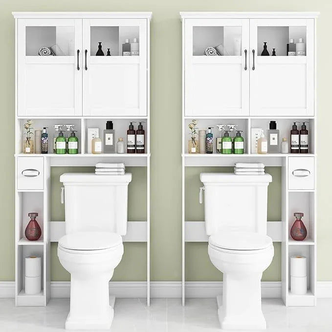 Vabches Freestanding Toilet Storage Cabinet with Double Doors, Shelf Space Saver, Anti-Tip Design & Adjustable Shelf, White - ModernBath