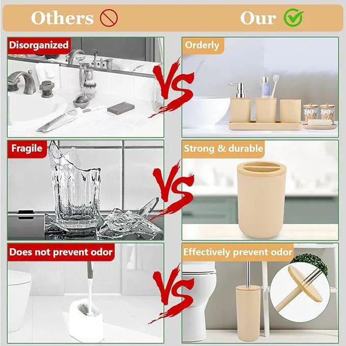 SLDIYWOW Bathroom Accessories, Beige Bathroom Accessories Sets Complete with Trash Can,Tray,Soap Dispenser,Toothbrush Holder,Toothbrush Cup,Soap Dish,Toilet Brush and Q-tip Holders for Bathroom - ModernBath