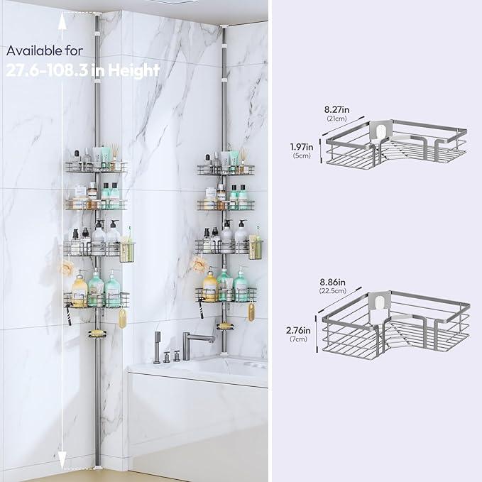 SWTYMIKI Shower Caddy Tension Pole - 4-Tier Corner Shower Organizer Tension Rod with Soap Holder, Toothbrush Holder & 4 Hooks, Adjustable Stainless Steel Bathroom Organizer 27.6 to 108.3 inch, Silver - ModernBath