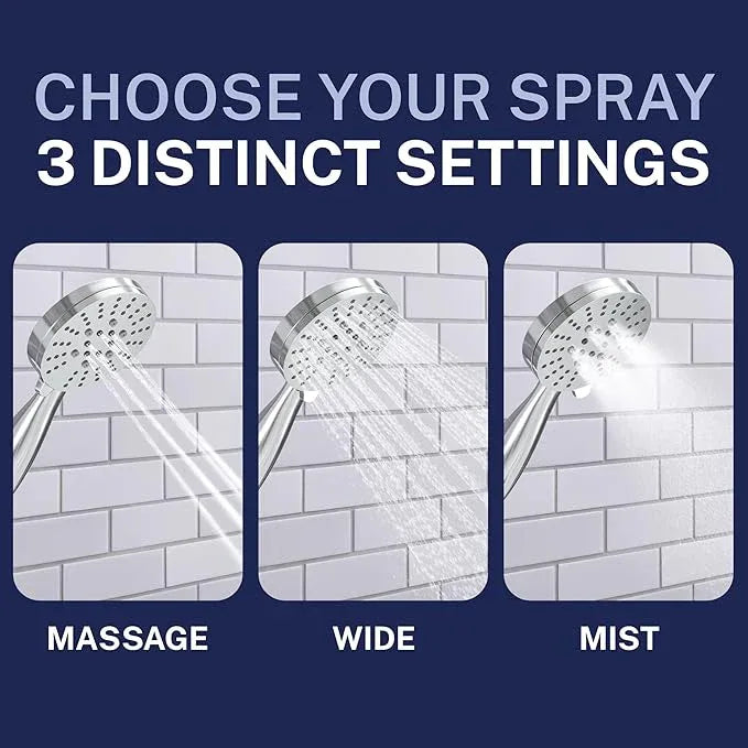 HammerHead Showers® Solid Metal 3-Spray Handheld Shower Head with Long Hose and Holder - CHROME - WIDE, MASSAGE, and MIST Sprays - 1.8 GPM Low Flow Handheld Showerhead - Water Saving Shower Head - ModernBath
