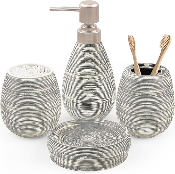 CERBIOR Bathroom Accessories Set,4 Pcs Ceramic Bathroom Decor Accessory,Includes Toothbrush Holder, Toothbrush Cup, Soap Dish for Decorative Countertop and Housewarming Gift(Grey 4pcs) - ModernBath