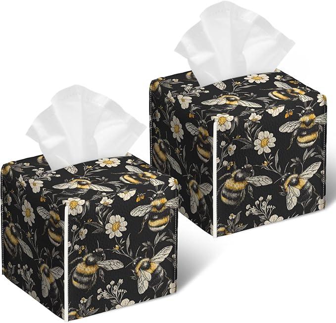 Honeybee White Daisy Tissue Box Cover 2PCS, Leather Tissue Box Holder Square Facial Paper Case Tissue Box Cube Organizer for Bathroom Bedroom Desk Office - ModernBath